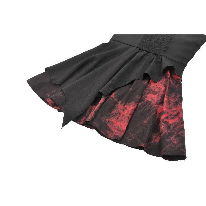 Vibrant imagery of the layered asymmetrical hem of the Dark in Love Nyssa Black & Red Goth Mini Dress, revealing striking blood-red fabric.
