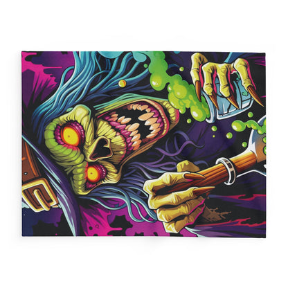 Decorative and Warm Halloween Spooky Arctic Fleece Blanket featuring a detailed illustration of a wicked witch with vibrant colours and atmospheric effects. A stylish addition for Halloween enthusiasts seeking a touch of elegance.