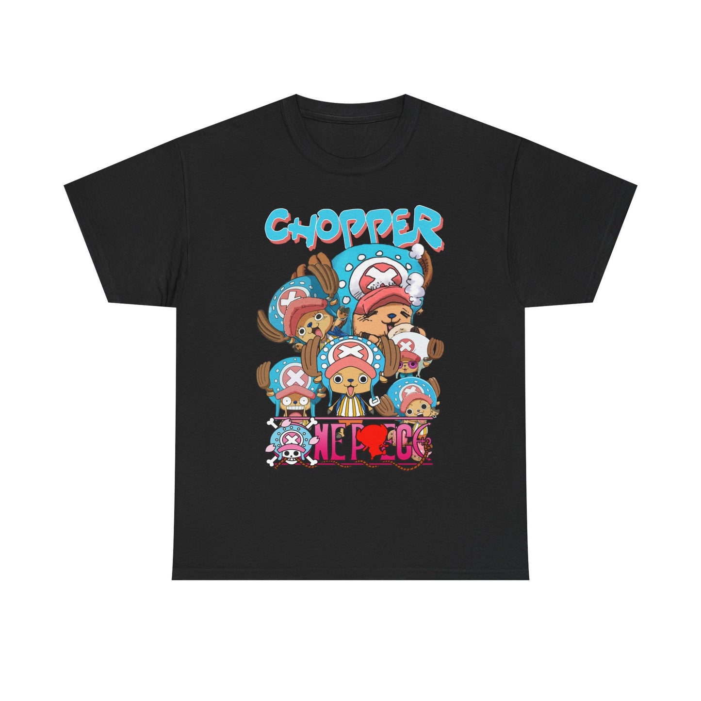 Elegant black t-shirt featuring Chopper in charming poses, eye-catching typography and whimsical details, ideal for sophisticated anime fans.