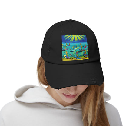 Unisex Distressed Paddleboarders Cap featuring a vibrant paddleboarding scene, ideal for stylish sun protection for water enthusiasts.
