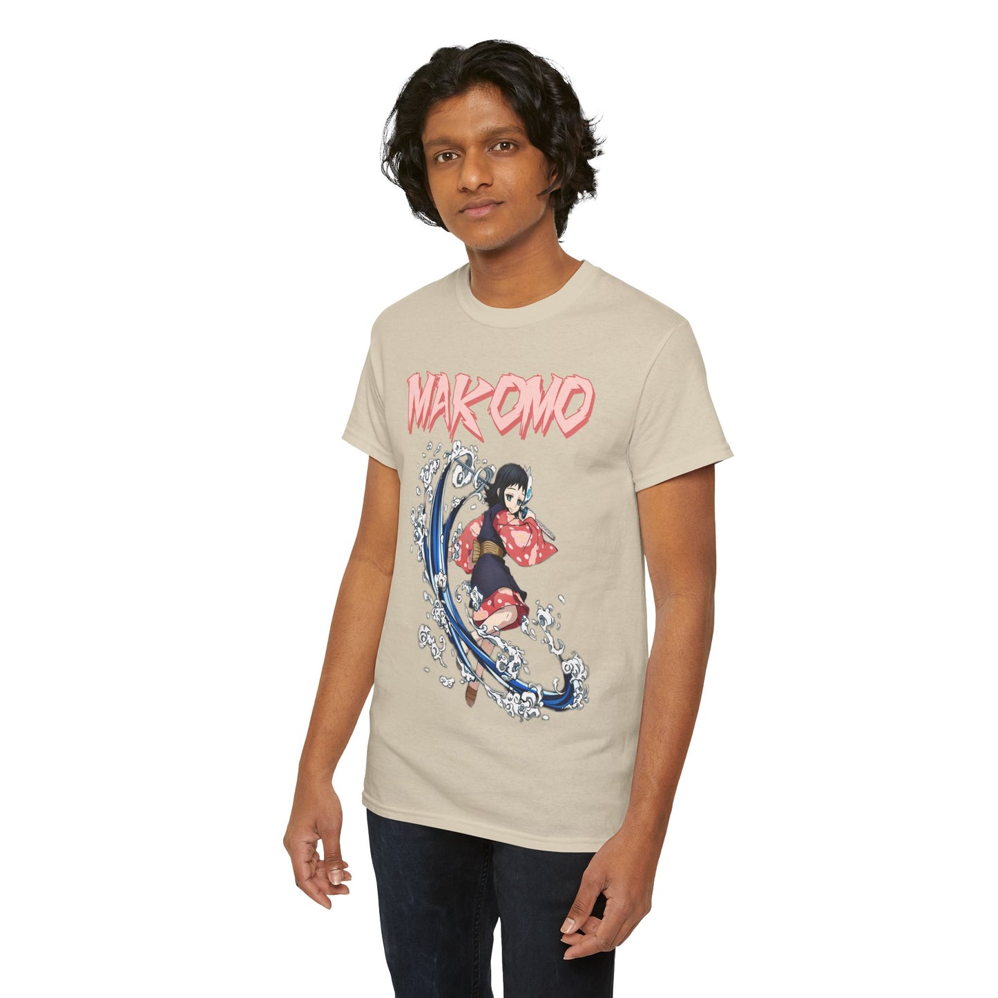 Another model displaying the exclusive Makomo anime T-shirt, featuring an elegant character design set against a swirling water motif.