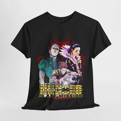 Stylish black t-shirt showcasing iconic Hunter x Hunter characters, an eye-catching piece perfect for expressing anime fandom in a sophisticated manner.
