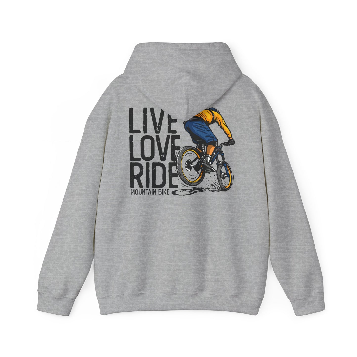 Stylish grey hoodie featuring a dynamic mountain biker graphic and the phrase 'LIVE LOVE RIDE', embodying the spirit of adventure.