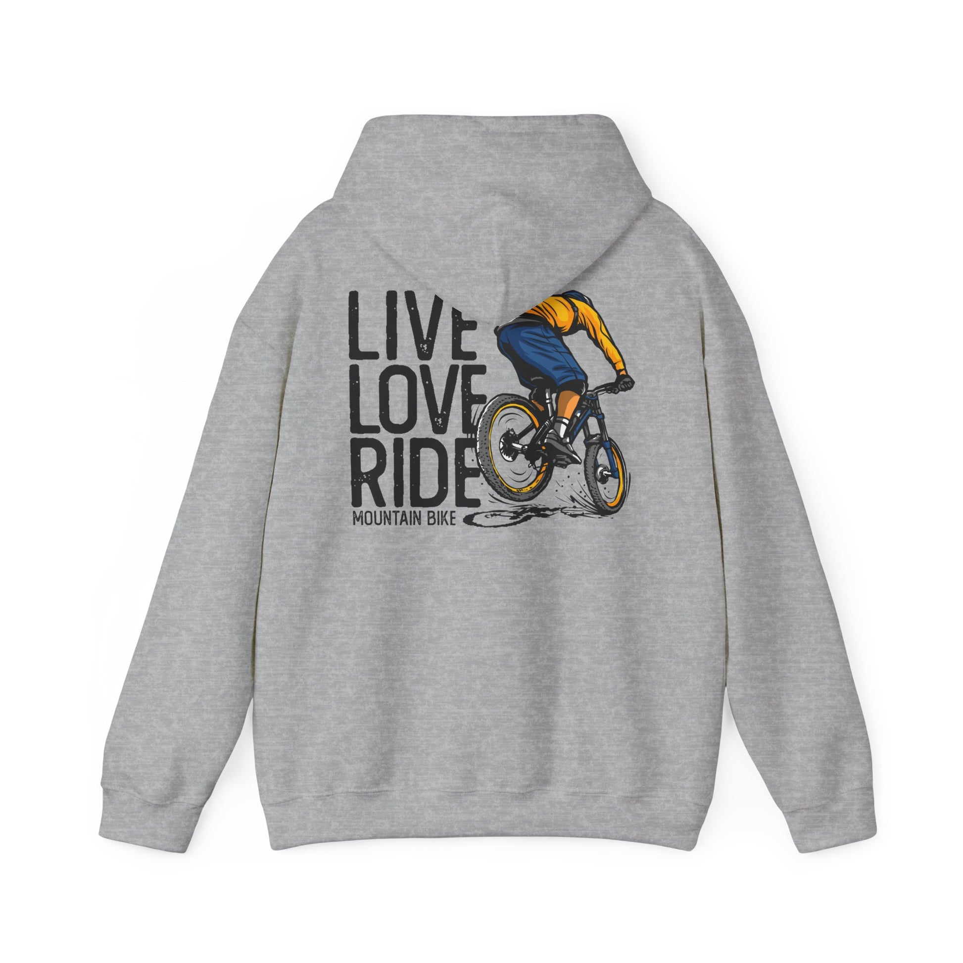 Stylish grey hoodie featuring a dynamic mountain biker graphic and the phrase 'LIVE LOVE RIDE', embodying the spirit of adventure.