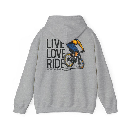 Stylish grey hoodie featuring a dynamic mountain biker graphic and the phrase 'LIVE LOVE RIDE', embodying the spirit of adventure.