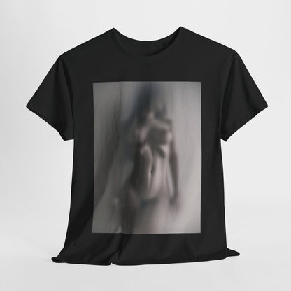 Luxury graphic black t-shirt featuring a captivating blurred print of a nude figure, perfect for those who appreciate avant-garde fashion.