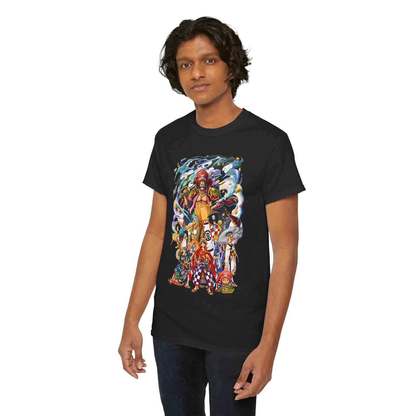 Sophisticated display of Epic 1 Piece Adventure Men's T-Shirt on a model, highlighting detailed anime artistry and rich colours, perfect for discerning fans of the genre.