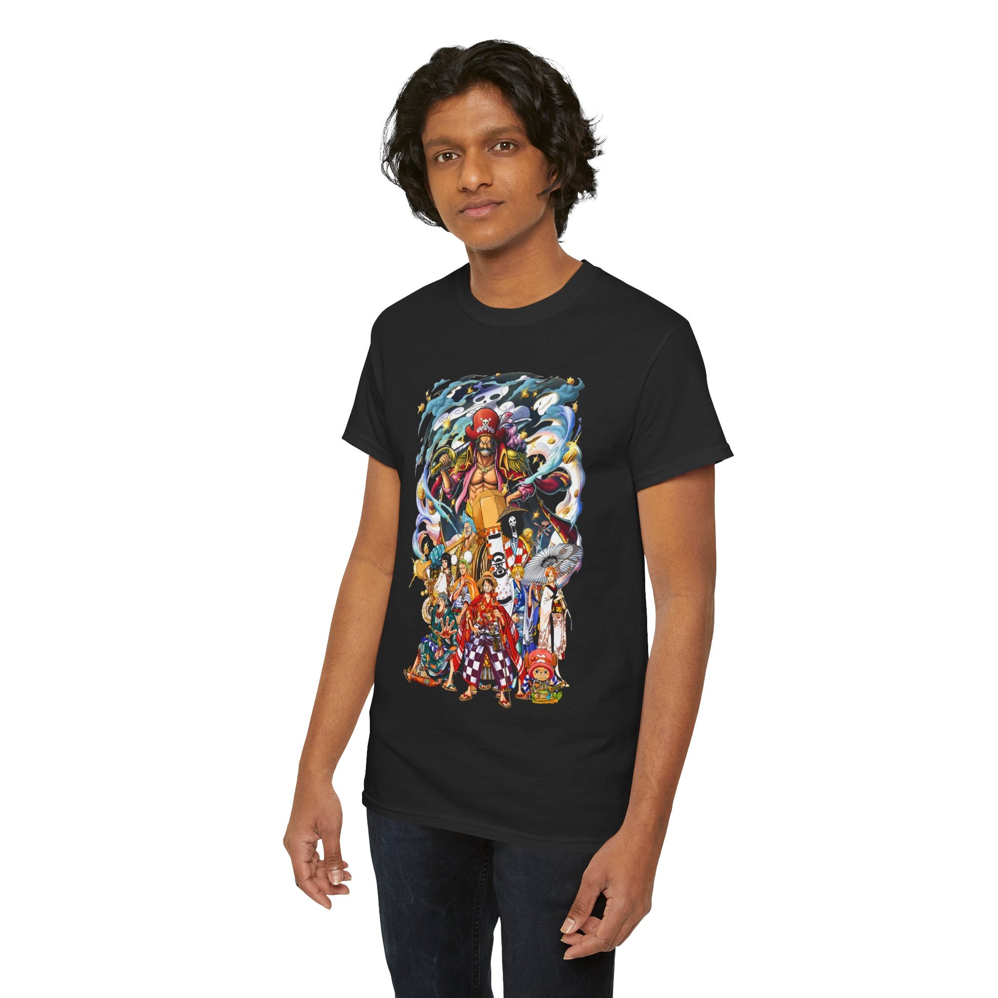 Sophisticated display of Epic 1 Piece Adventure Men's T-Shirt on a model, highlighting detailed anime artistry and rich colours, perfect for discerning fans of the genre.