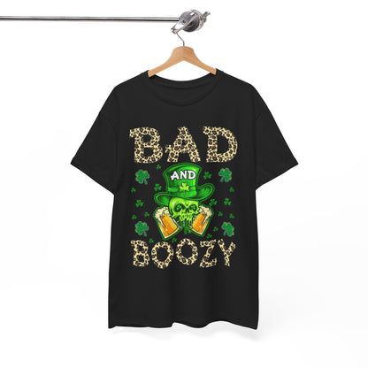 Refined Bad And Boozy St. Patrick's Day T-Shirt on a stylish hanger, showcasing its striking leopard print typography paired with festive green graphics, ideal for St. Patrick's Day.