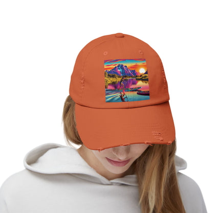 Unisex Distressed Paddleboarders Cap in vibrant orange, featuring a stunning paddleboarding scene, designed for elegant sun protection during adventures.