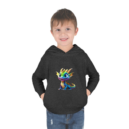 Child wearing the Kids Unisex Cute Dino Hoodie in dark grey with a playful dinosaur graphic, perfect for ages 2-5 years.