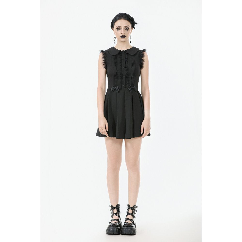 Elegant Dark In Love Gwendolyn Black Mini Dress featuring a charming Peter Pan collar and delicate lace panels, perfect for gothic fashion enthusiasts.
