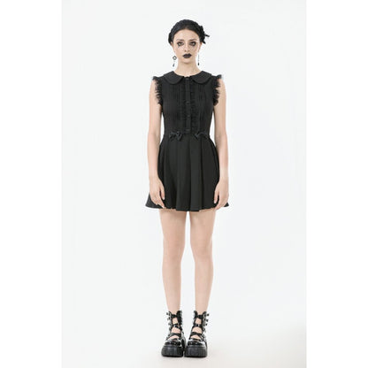 Elegant Dark In Love Gwendolyn Black Mini Dress featuring a charming Peter Pan collar and delicate lace panels, perfect for gothic fashion enthusiasts.