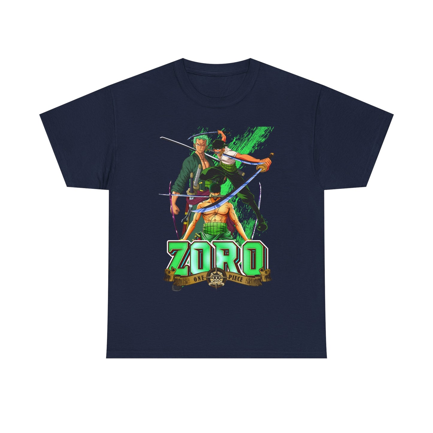 Chic One Piece Zoro Graphic T-Shirt in Navy featuring dynamic imagery from the anime, blending comfort with luxury style.