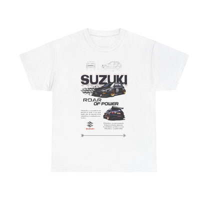 Stylish white Suzuki Forza men's t-shirt featuring a striking 'ROAR OF POWER' graphic, showcasing a dynamic black car silhouette with technical sketches and bold typography.