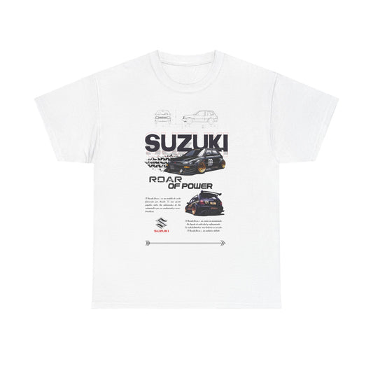 Stylish white Suzuki Forza men's t-shirt featuring graphic design, showcasing the car silhouette and bold 'ROAR OF POWER' typography.