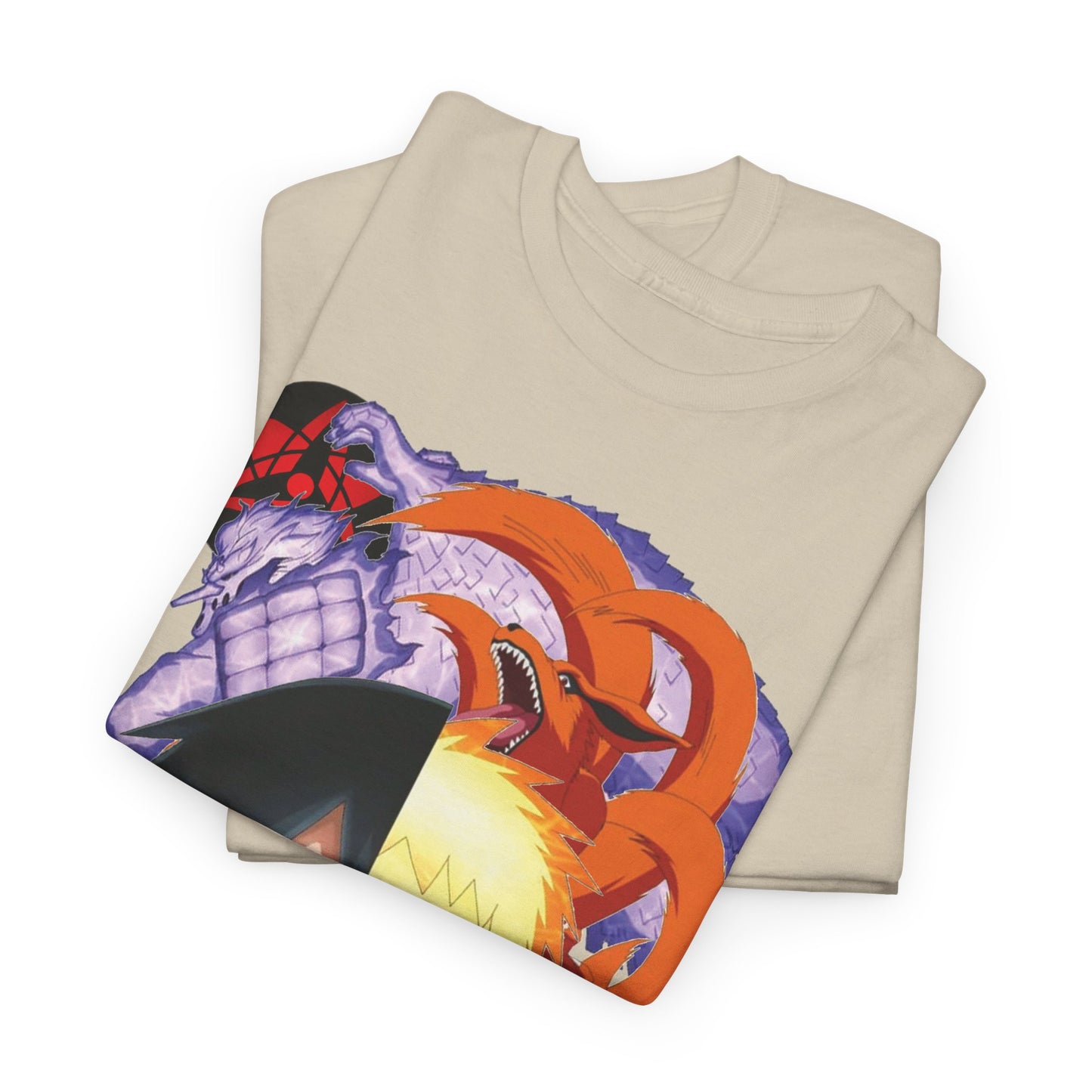 Premium beige anime T-shirt elegantly folded, showcasing vibrant artwork of Sasuke and Naruto against a dramatic backdrop, perfect for fashion-forward fans.