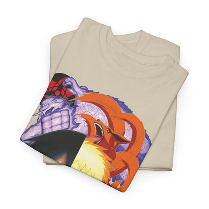 Premium beige anime T-shirt elegantly folded, showcasing vibrant artwork of Sasuke and Naruto against a dramatic backdrop, perfect for fashion-forward fans.