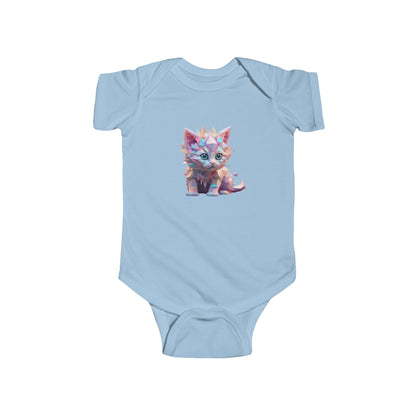 Stylish Kitten Bodysuit in blue for infants, featuring a precious geometric kitten design, ideal for trendy baby outfits.