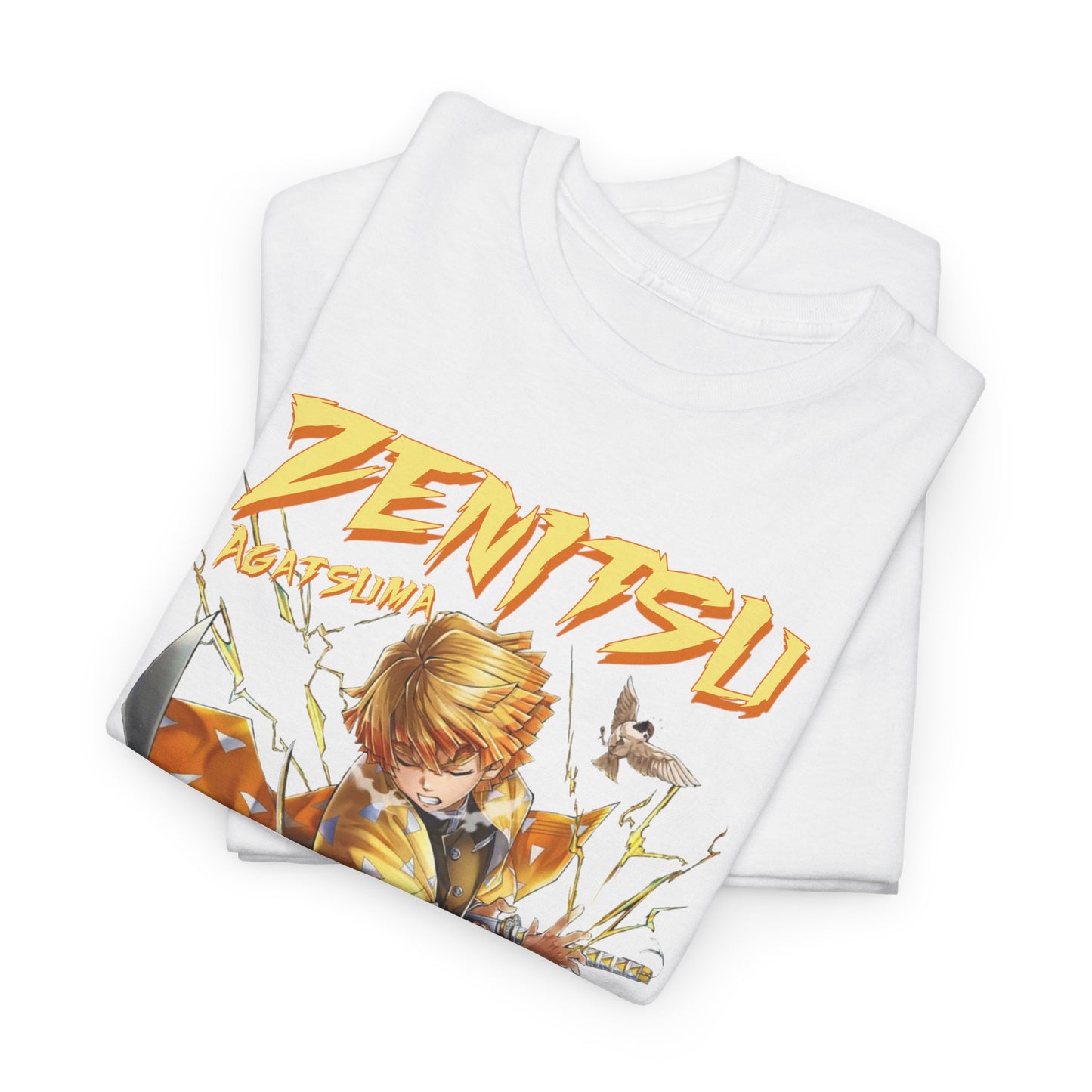 Luxurious Zenitsu Agatsuma t-shirt featuring dynamic anime art, showcasing vibrant colours and intricate details, ideal for fashion-forward anime enthusiasts.