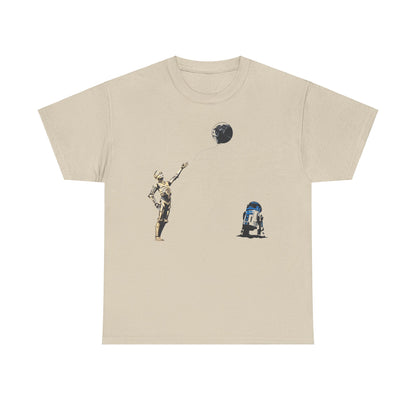 Premium Star Wars Graphic T-Shirt showcasing C-3PO and R2-D2 playfully interacting with a Death Star balloon, ideal for fans.