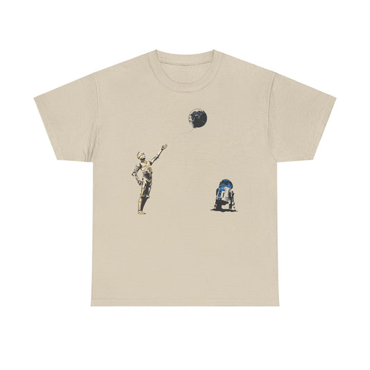 Premium Star Wars Graphic T-Shirt showcasing C-3PO and R2-D2 playfully interacting with a Death Star balloon, ideal for fans.