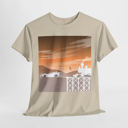 Luxury unisex cotton graphic t-shirt featuring a whimsical Back To The Future design, showcasing a futuristic car and a classic steam train set against a warm orange and brown sunset backdrop. Perfect gift for sci-fi enthusiasts.