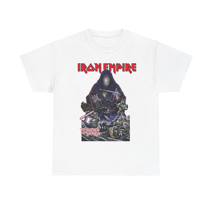 Iron Empire Graphic Tee in White showcasing an iconic Darth Sidious and Vader graphic, made from high-quality cotton, perfect for discerning fans.