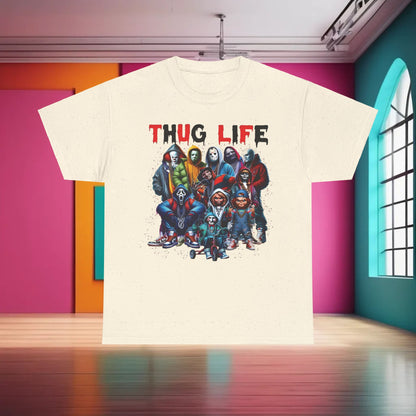 Luxury Thug Life Horror Characters Graphic T-Shirt in cream, featuring a colourful ensemble of horror icons styled in modern streetwear.