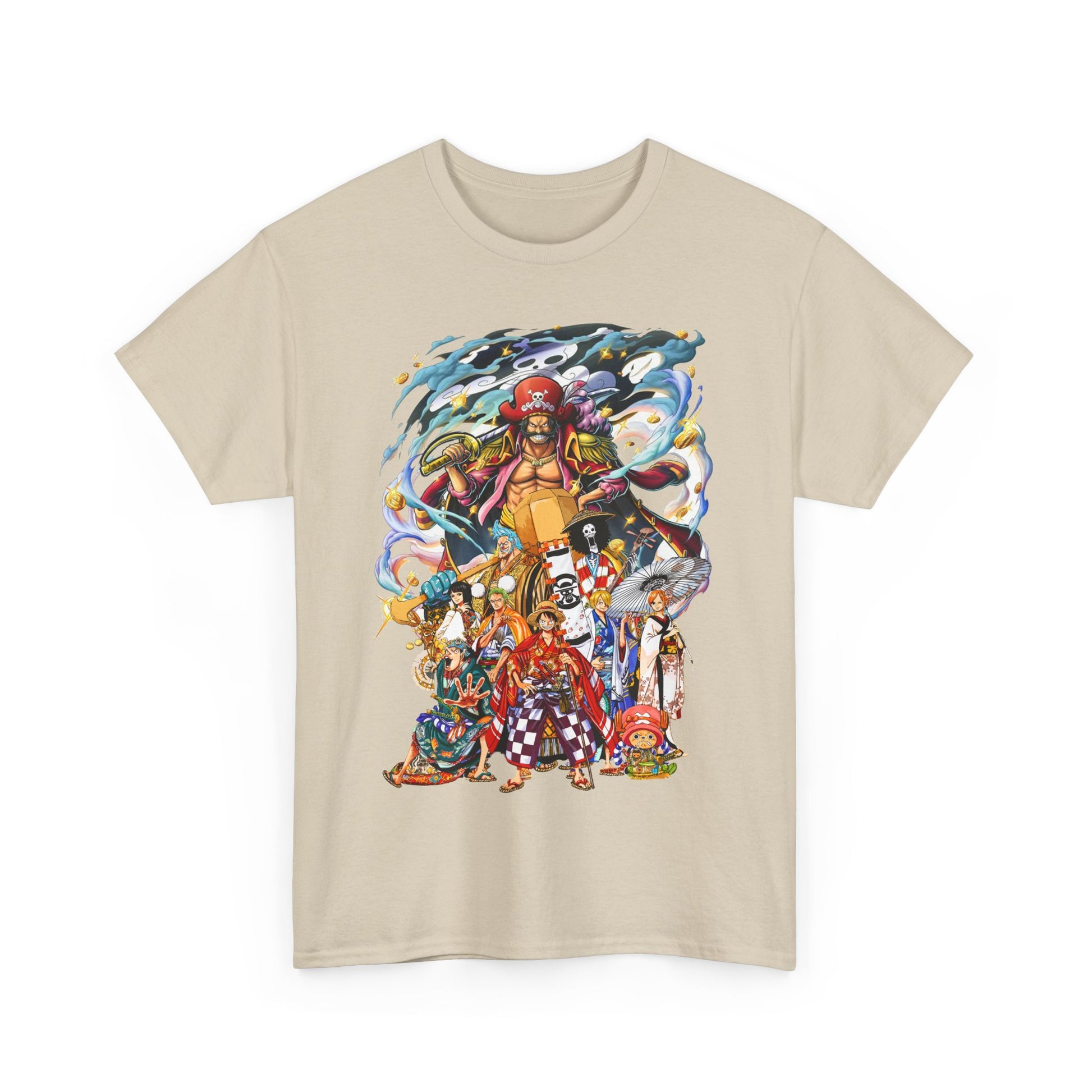 Elegant beige T-shirt for men featuring a stunning array of colourful anime characters, embodying the essence of adventure and artistic flair.