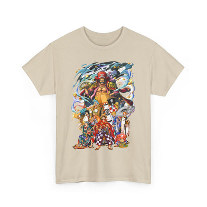 Elegant beige T-shirt for men featuring a stunning array of colourful anime characters, embodying the essence of adventure and artistic flair.