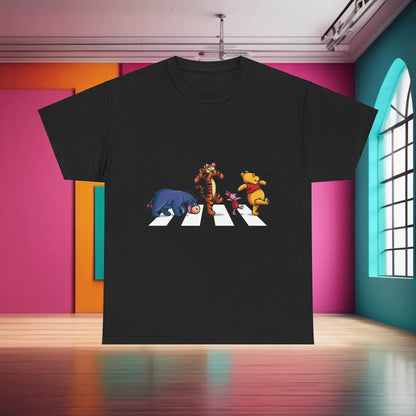 Pooh and Friends Abbey Road Graphic T-Shirt featuring iconic characters of Winnie the Pooh, Tigger, Piglet, and Eeyore walking in a stylish urban design on a black tee, perfect for luxury streetwear.