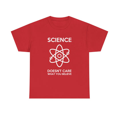 Elegant red Science Doesn't Care What You Believe graphic t-shirt, made of premium cotton, featuring a thought-provoking atomic design.