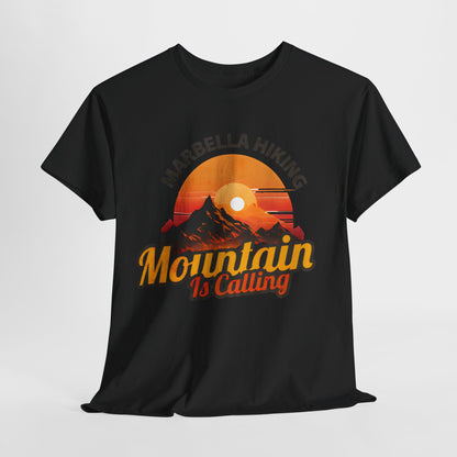 Marbella Hiking Club Unisex Graphic T-Shirt in luxurious black fabric, featuring a bold mountain design and 'Mountain Is Calling' insignia, tailored for those with a spirit of adventure.