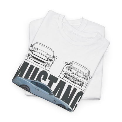 Stylish stacked Ford Mustang GT T-Shirt folded neatly, featuring detailed technical drawings, ideal for fans of luxury automotive design.