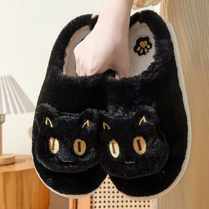 Cotton Cat Slippers Soft Plush Comfy Warm Couple Slip-On House featuring an elegant black cat face design, ideal for luxury winter comfort.
