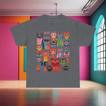 Purrfection Graphic T-Shirt Urban Unisex Cotton Tee featuring a vibrant assortment of stylized cats in various colours, perfect for luxury casual wear.