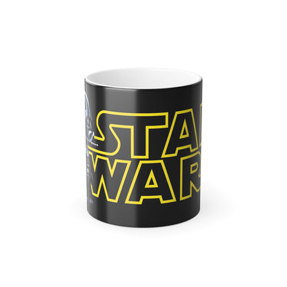 Darth Vader Star Wars Cute 11oz Color Morphing Mug showcasing the iconic Star Wars wording against a sleek black background, ideal for adding a pop of galactic charm to your coffee routine.