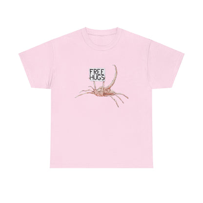 Charming pink Alien Xenomorph Facehugger Free Hugs graphic on a luxurious unisex cotton t-shirt, a unique addition to any wardrobe.