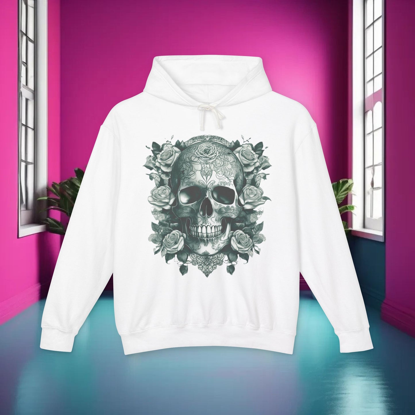 Skull and Roses Lightweight Hoodie, Unisex Edgy Designer Sweatshirt, Hipster