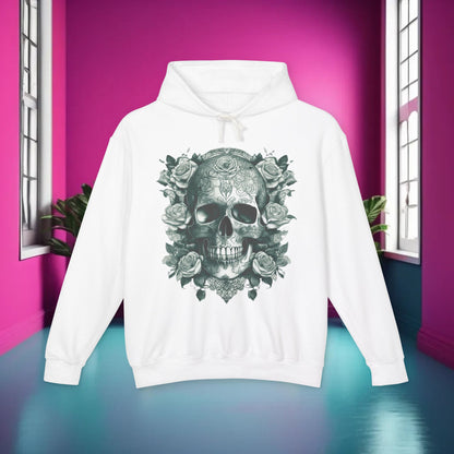 Skull and Roses Lightweight Hoodie in white, a luxurious unisex designer sweatshirt featuring an eye-catching skull and rose motif, perfect for a chic casual look.