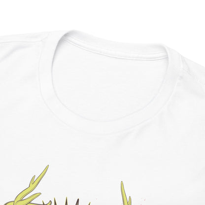 Close-up view of the neckline of a white t-shirt with an intricate artistic skull and antlers design, emphasizing quality craftsmanship.