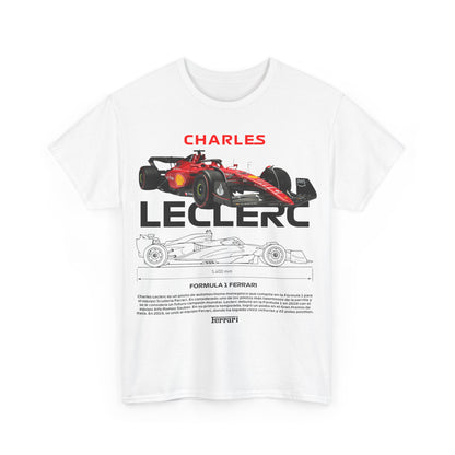 A chic white men's t-shirt showcasing a dynamic graphic of Charles Leclerc with a Ferrari race car, embodying the exhilarating spirit of Formula 1.
