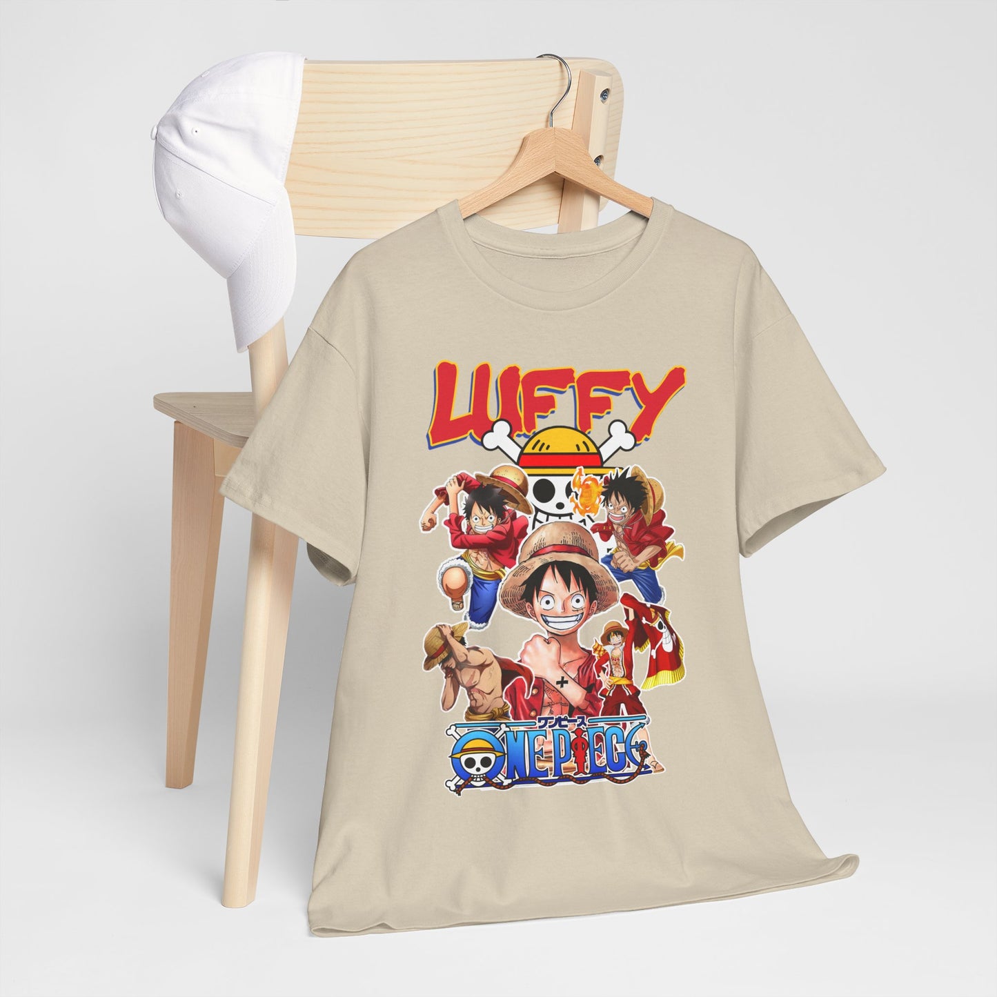 Luxury graphic t-shirt featuring vibrant illustrations of Monkey D. Luffy and Straw Hat crew, showcasing stunning anime art on a sleek beige fabric, perfect for passionate One Piece fans.