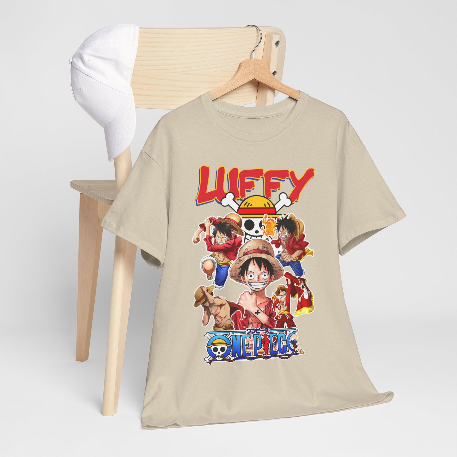 Luxury graphic t-shirt featuring vibrant illustrations of Monkey D. Luffy and Straw Hat crew, showcasing stunning anime art on a sleek beige fabric, perfect for passionate One Piece fans.