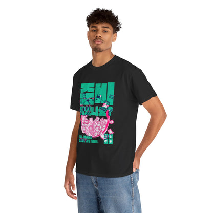 Chic model wearing a black t-shirt adorned with a unique Squid Game graphic in turquoise and pink, exuding confidence and modern style.