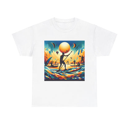 Dazzling Dreams Studio Luxury Paddleboarding Scene T-Shirt displayed in various sizes, catering to all body types.