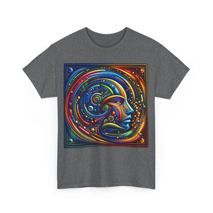 Front view of the Stained Glass Dreams Unisex T-Shirt featuring an intricate and vibrant artistic design that adds a unique touch to luxury style.