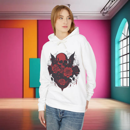 Unisex Lightweight Hooded Sweatshirt featuring unique designer skull and roses design, showcased on a model in a vibrant interior setting, highlighting edgy style and luxurious comfort.