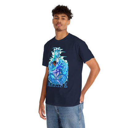 Elegant men's T-shirt featuring a striking marine-inspired anime design, available in a rich navy blue hue, perfect for anime enthusiasts.